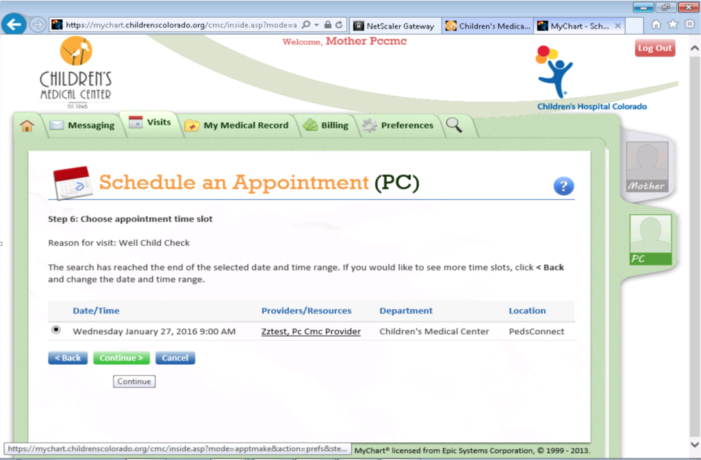 MyChart Appointment Step 1